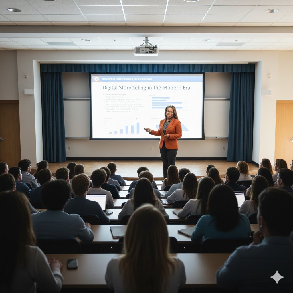 Elise Durham presenting Digital Storytelling in the Modern Era to a packed lecture hall